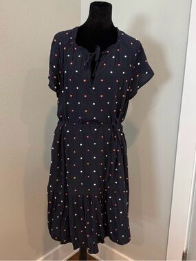LOFT Navy Midi Dress with Pink, Orange & White Polka Dots